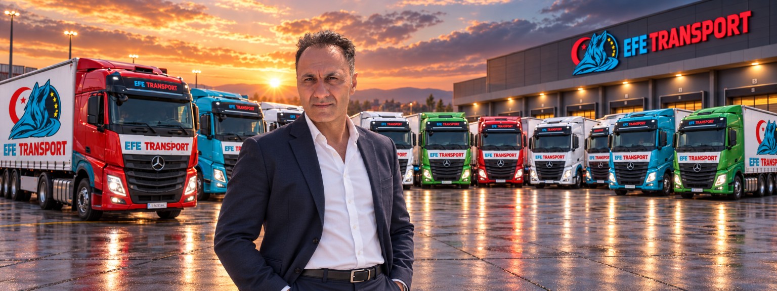 Dursun Tepedelen Efe Transport araç filosunun önünde