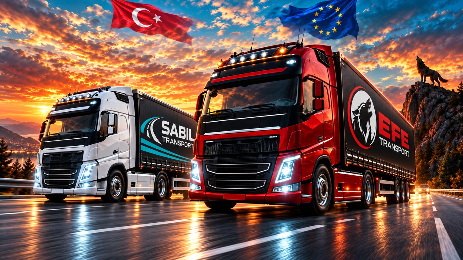 Türkiye ve Avrupa bayrakları altında ilerleyen Efe Transport ve Sabil Transport araçları