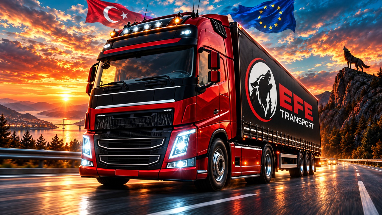 Türkiye ve Avrupa bayrakları altında ilerleyen kırmızı Efe Transport aracı